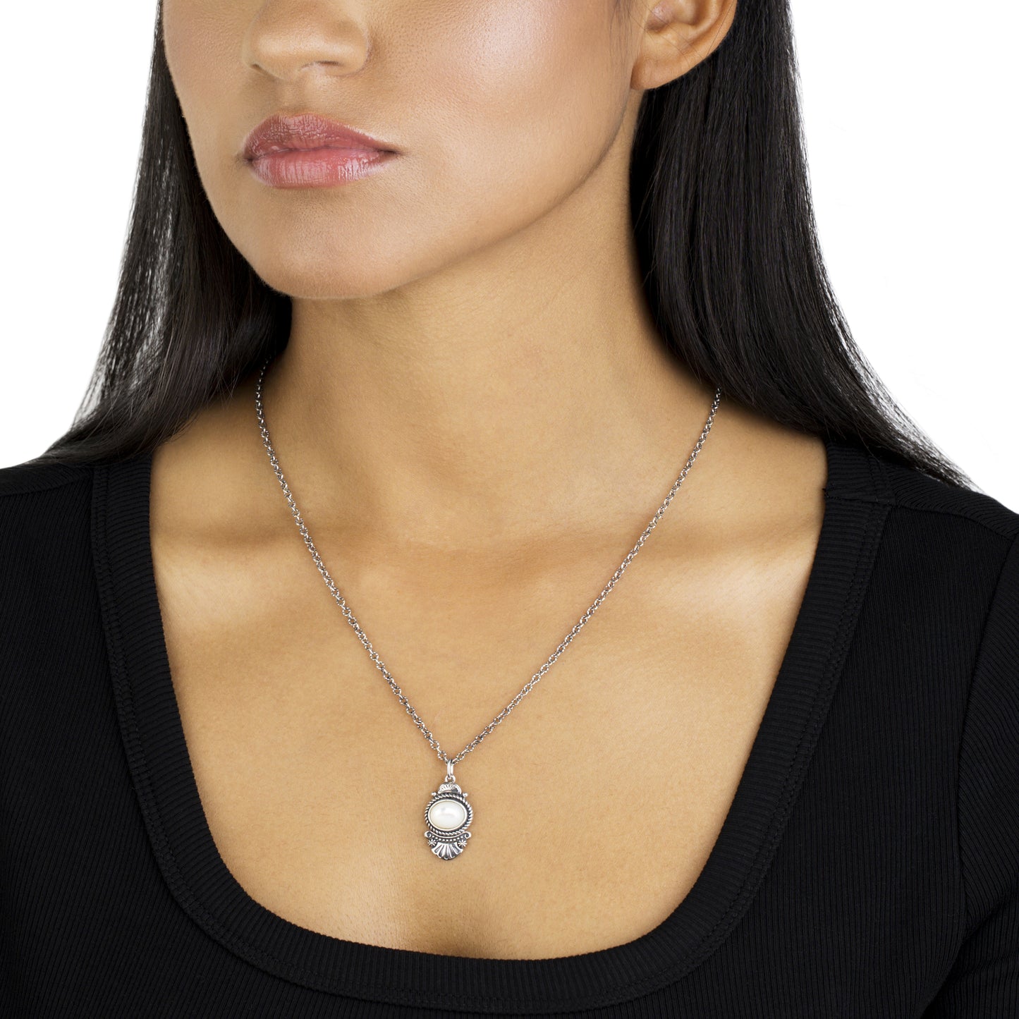 Sterling Silver White Mother of Pearl Gemstone Fan Pendant with Chain Necklace, 17-20 Inches