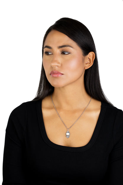 Sterling Silver White Mother of Pearl Gemstone Fan Pendant with Chain Necklace, 17-20 Inches