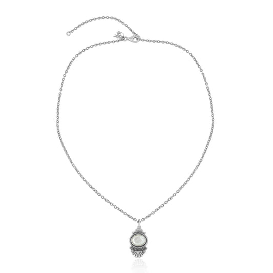 Sterling Silver White Mother of Pearl Gemstone Fan Pendant with Chain Necklace, 17-20 Inches