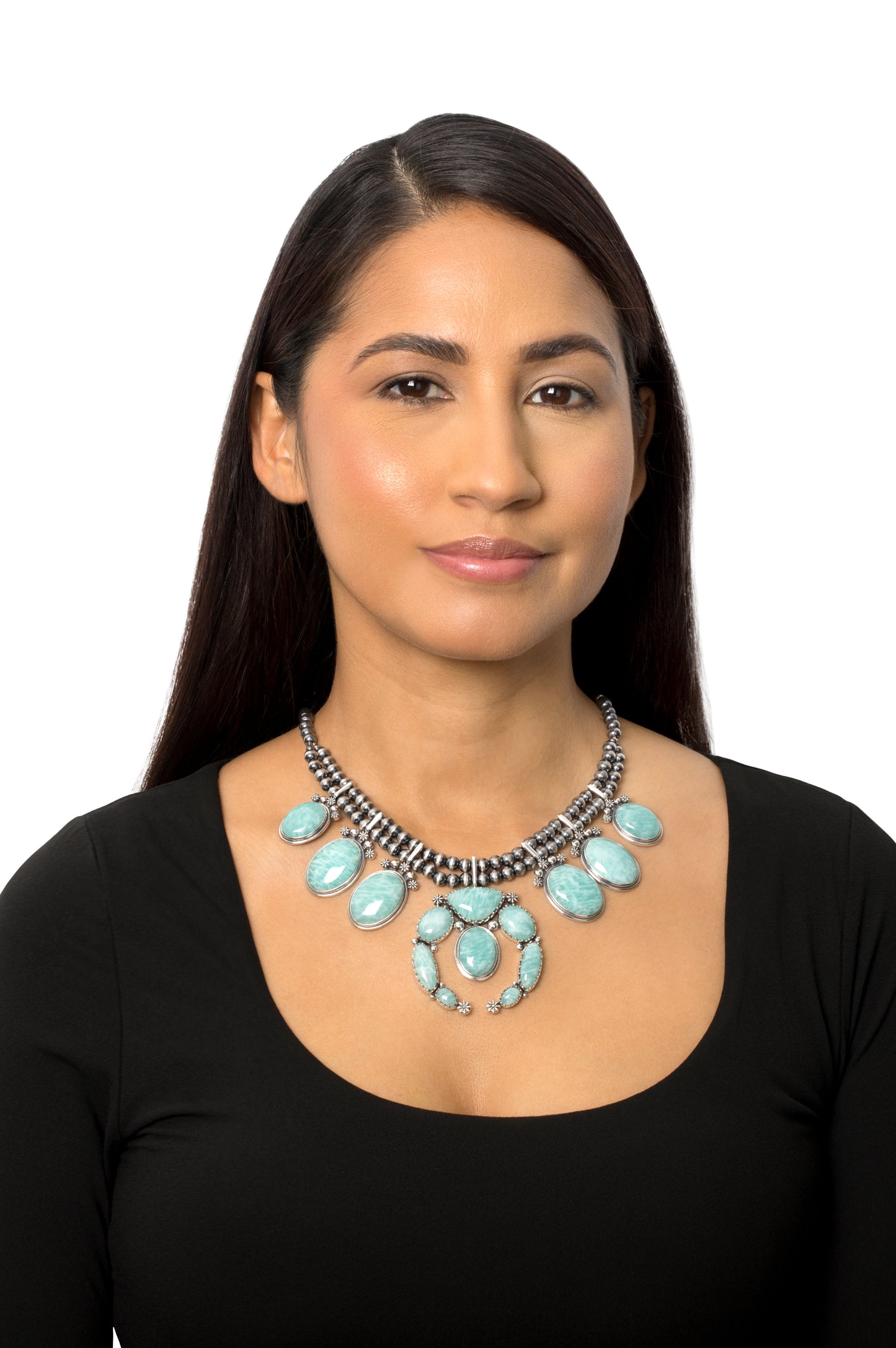 EXCLUSIVELY OURS! Sterling Silver Amazonite Naja Squash Blossom Statement Necklace, 17 to 20 Inches
