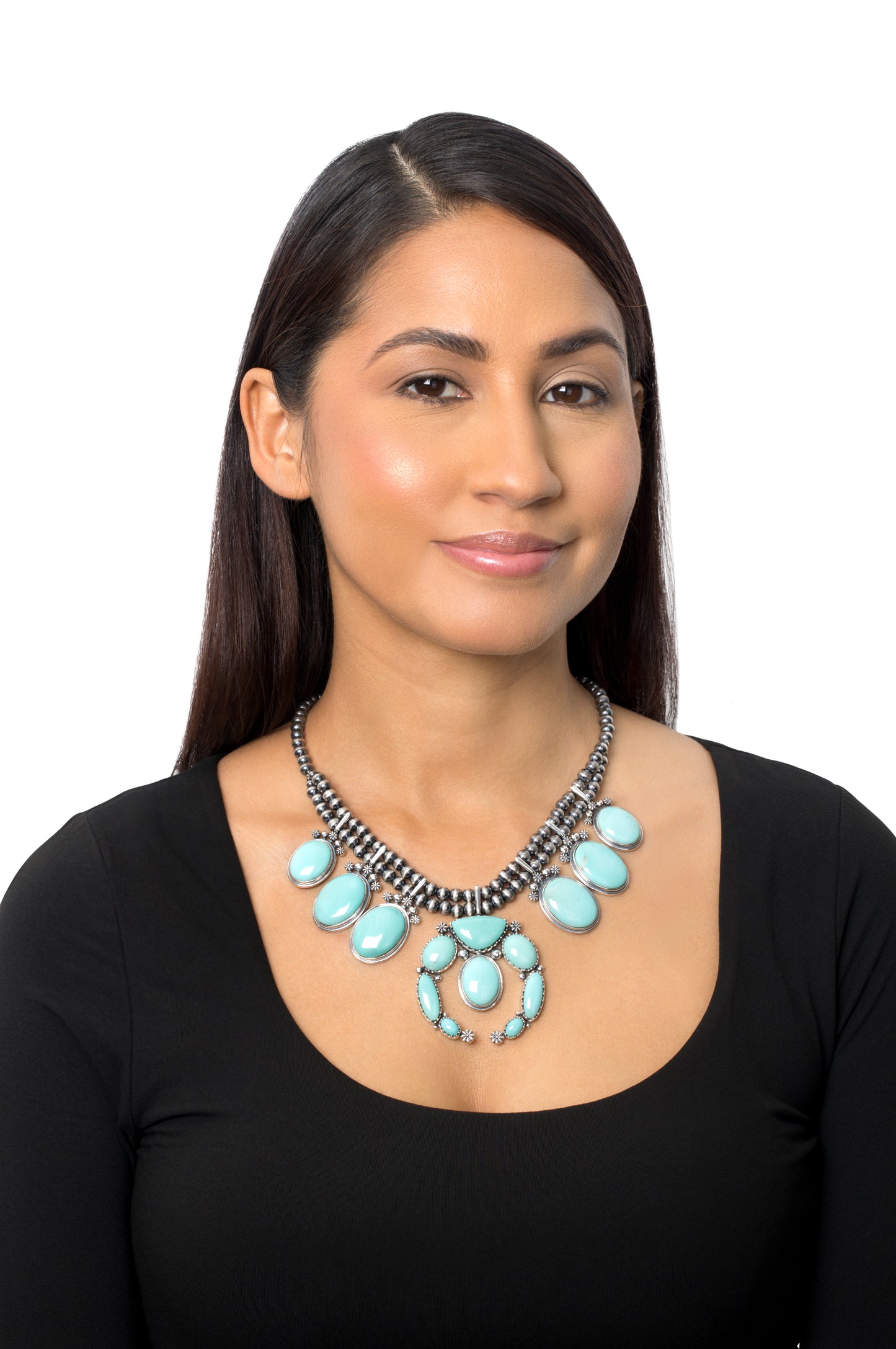 EXCLUSIVELY OURS! Sterling Silver Kingman Turquoise Naja Squash Blossom Statement Necklace, 17 to 20 Inches