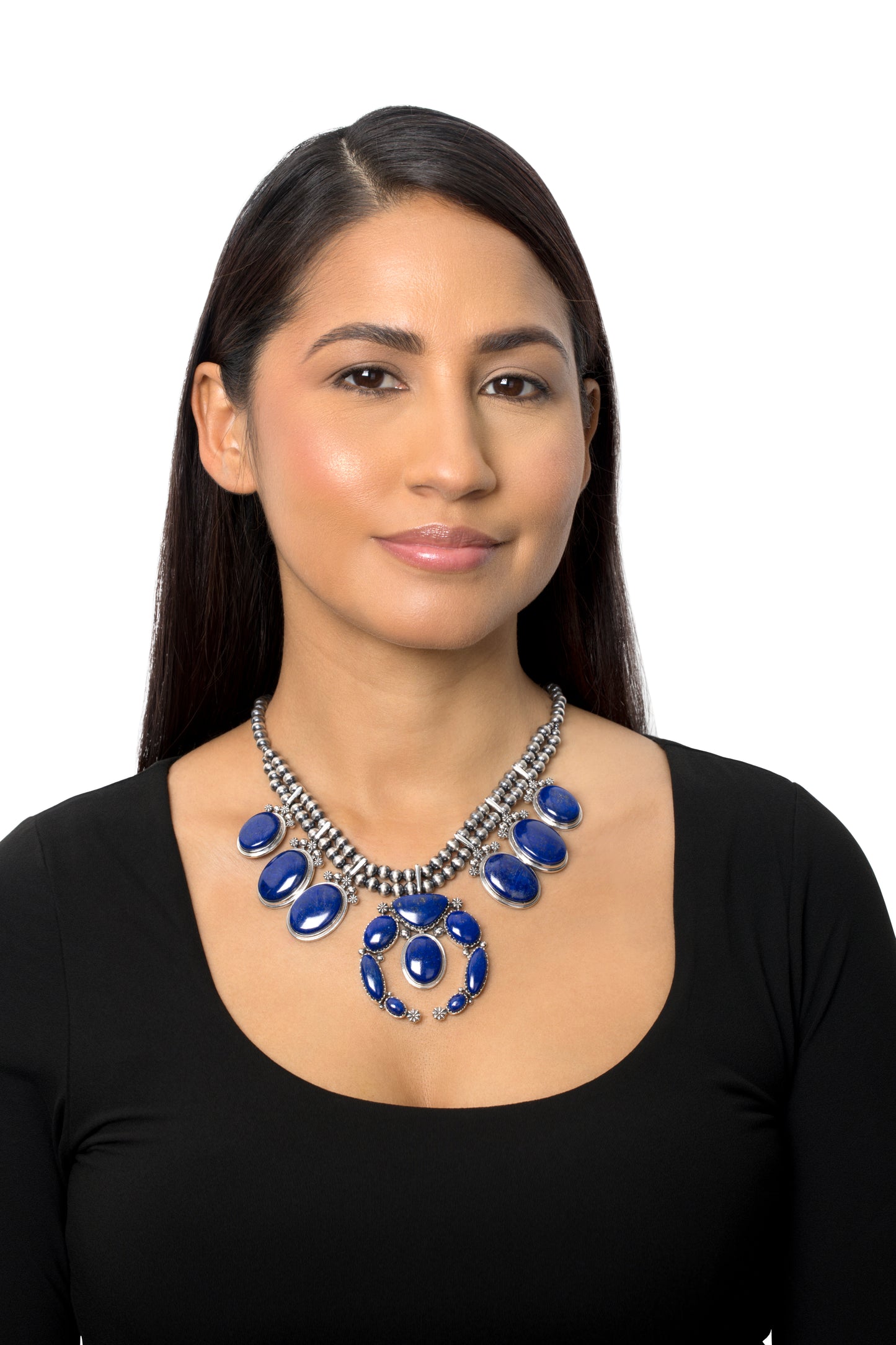 EXCLUSIVELY OURS! Sterling Silver Lapis Naja Squash Blossom Statement Necklace, 17 to 20 Inches
