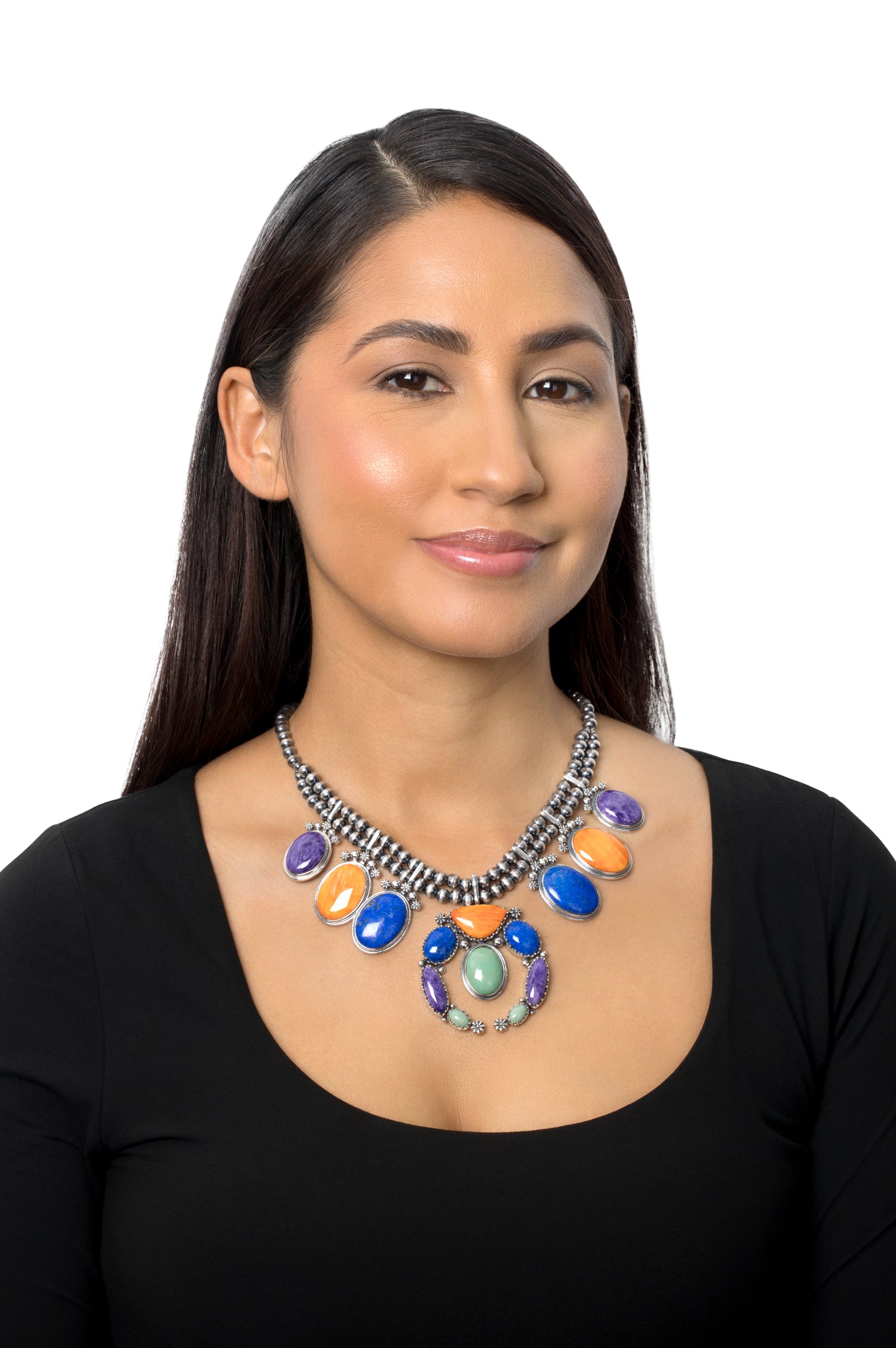 EXCLUSIVELY OURS! Sterling Silver Multi-Gemstone Naja Squash Blossom Statement Necklace, 17 to 20 Inches