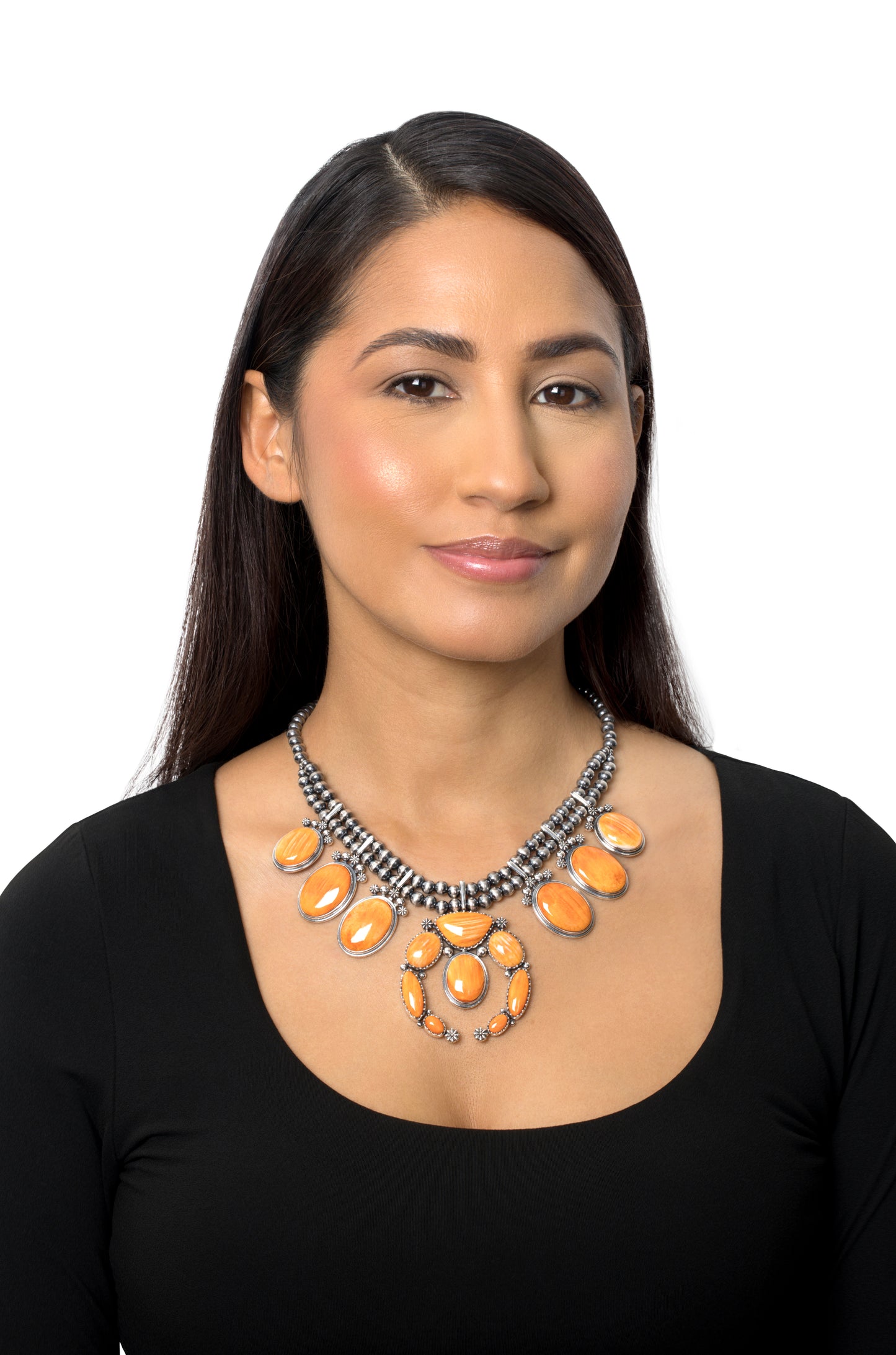 EXCLUSIVELY OURS! Sterling Silver Orange Spiny Oyster Naja Squash Blossom Statement Necklace, 17 to 20 Inches