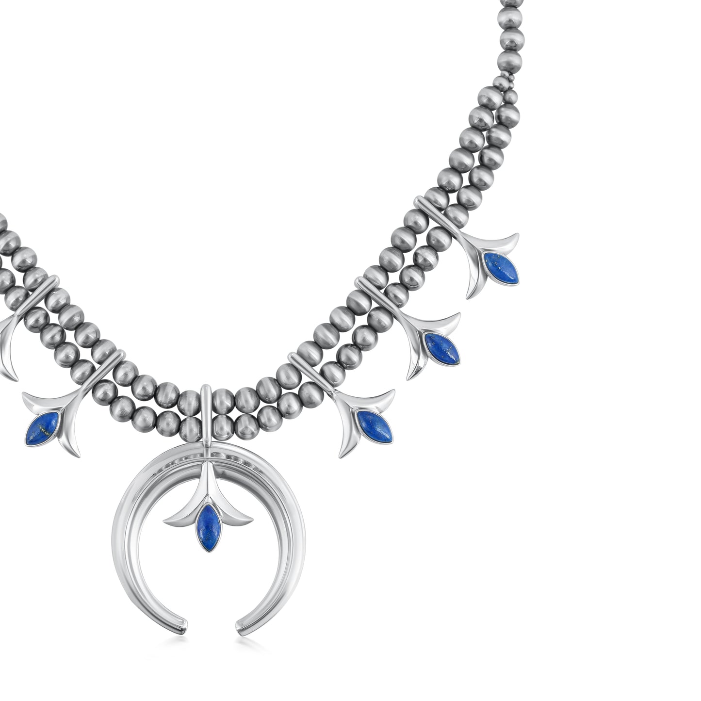 Sterling Silver Denim Lapis Gemstone Squash Blossom Necklace, 17-20 Inches