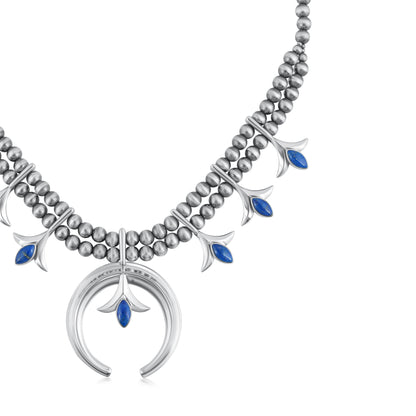 Sterling Silver Denim Lapis Gemstone Squash Blossom Necklace, 17-20 Inches