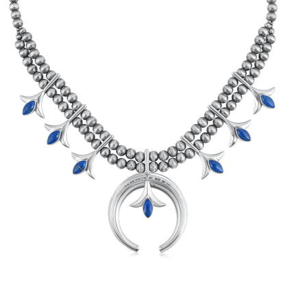 Sterling Silver Denim Lapis Gemstone Squash Blossom Necklace, 17-20 Inches