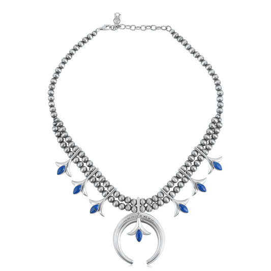 Sterling Silver Denim Lapis Gemstone Squash Blossom Necklace, 17-20 Inches