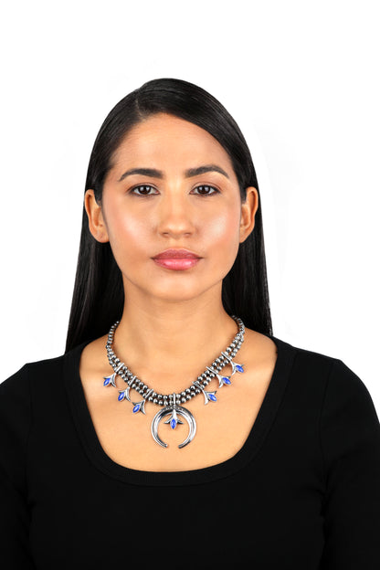 Sterling Silver Denim Lapis Gemstone Squash Blossom Necklace, 17-20 Inches