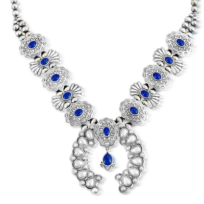 Sterling Silver Lapis Concha Butterfly Squash Blossom Necklace, 17 to 20 Inches