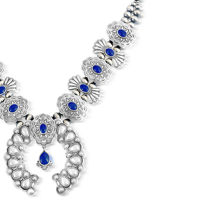 Sterling Silver Lapis Concha Butterfly Squash Blossom Necklace, 17 to 20 Inches