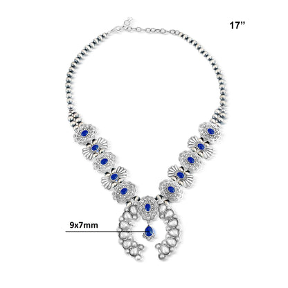 Sterling Silver Lapis Concha Butterfly Squash Blossom Necklace, 17 to 20 Inches