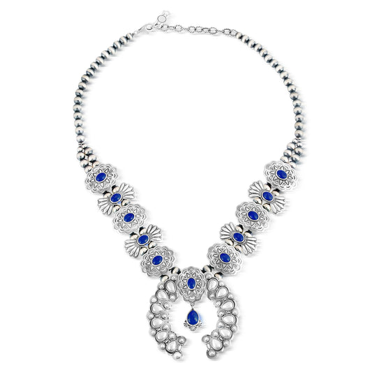 Sterling Silver Lapis Concha Butterfly Squash Blossom Necklace, 17 to 20 Inches