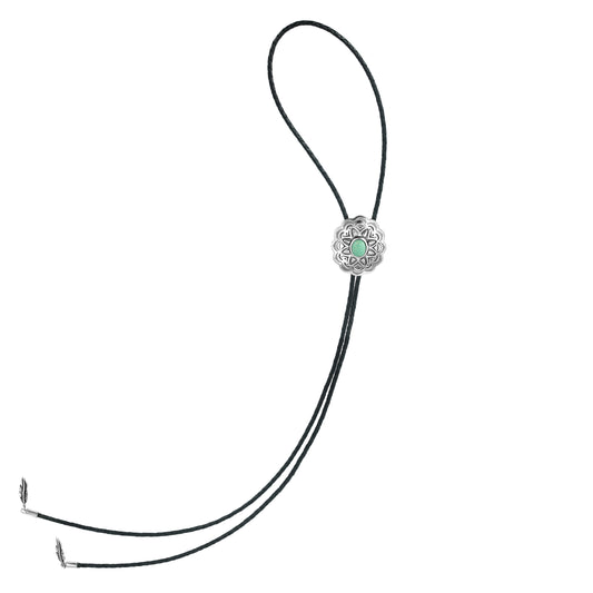 Sterling Silver Green Turquoise Leather Concha Bolo Necklace, 36 Inches