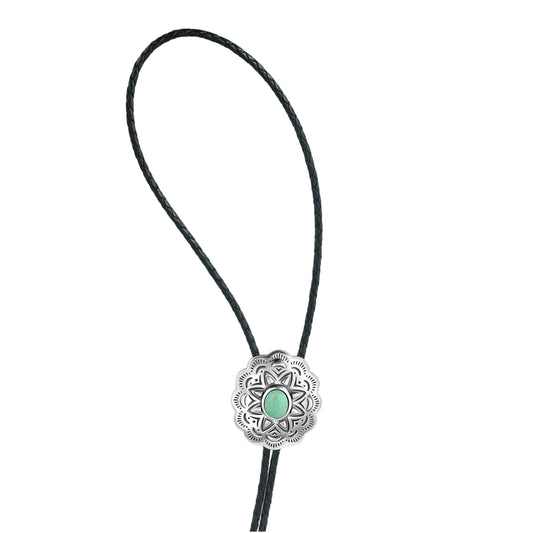 Sterling Silver Green Turquoise Leather Concha Bolo Necklace, 36 Inches