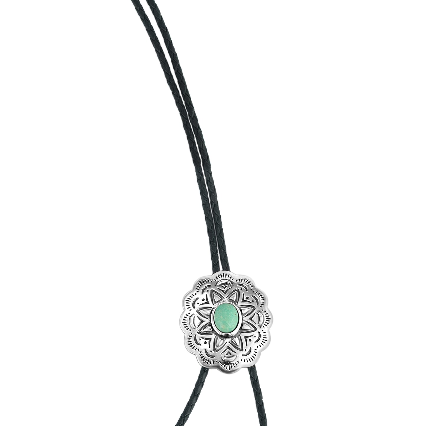 Sterling Silver Green Turquoise Leather Concha Bolo Necklace, 36 Inches