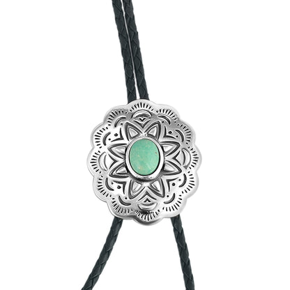 Sterling Silver Green Turquoise Leather Concha Bolo Necklace, 36 Inches