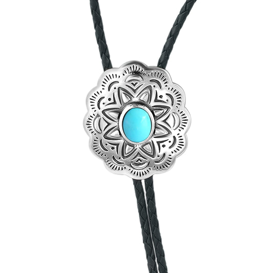 LIMITED EDITION! Sterling Silver Sleeping Beauty Turquoise Leather Concha Bolo Necklace, 36 Inches