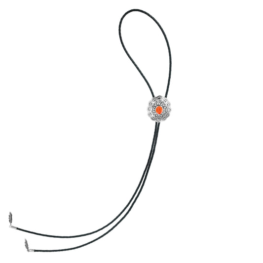 Sterling Silver Orange Spiny Oyster Leather Concha Bolo Necklace, 36 Inches