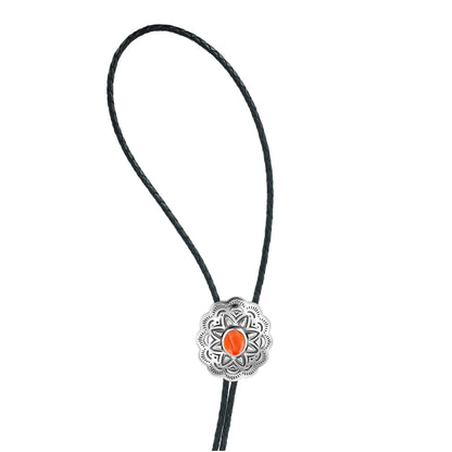 Sterling Silver Orange Spiny Oyster Leather Concha Bolo Necklace, 36 Inches