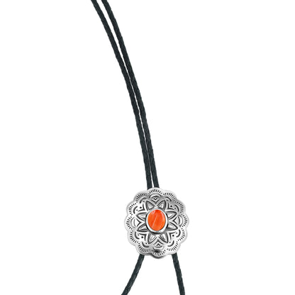 Sterling Silver Orange Spiny Oyster Leather Concha Bolo Necklace, 36 Inches