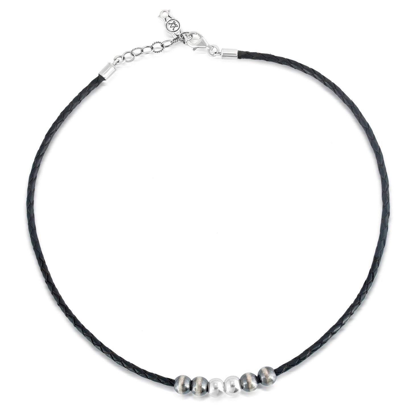 Sterling Silver Braided Black Genuine Leather Beaded Necklace 17 or 20 Inches