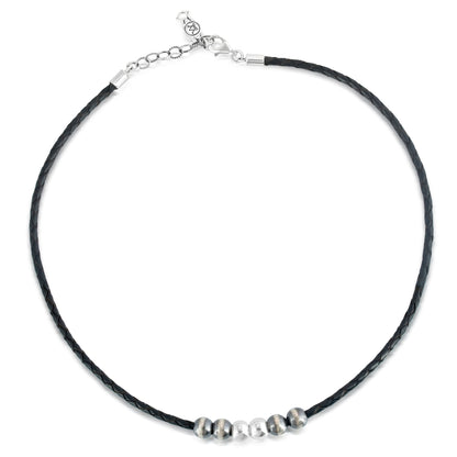 Sterling Silver Braided Black Genuine Leather Beaded Necklace 17 or 20 Inches