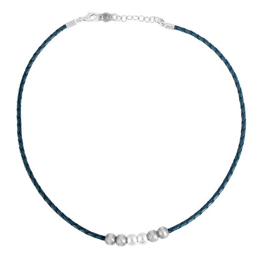 Sterling Silver Braided Blue Genuine Leather Beaded Necklace 17 or 20 Inches