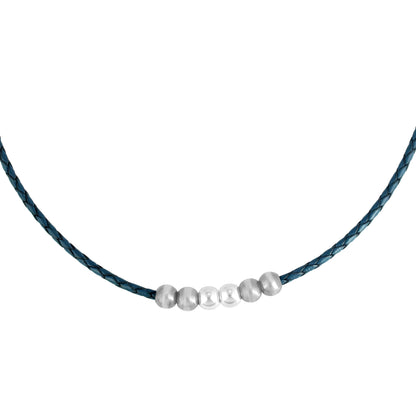 Sterling Silver Braided Blue Genuine Leather Beaded Necklace 17 or 20 Inches