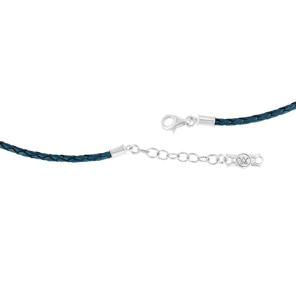 Sterling Silver Braided Blue Genuine Leather Beaded Necklace 17 or 20 Inches