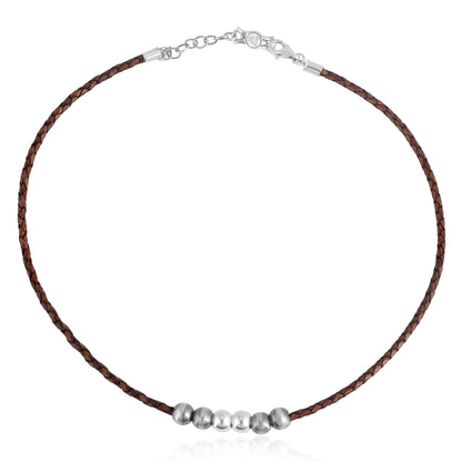 Sterling Silver Braided Brown Genuine Leather Beaded Necklace 17 or 20 Inches