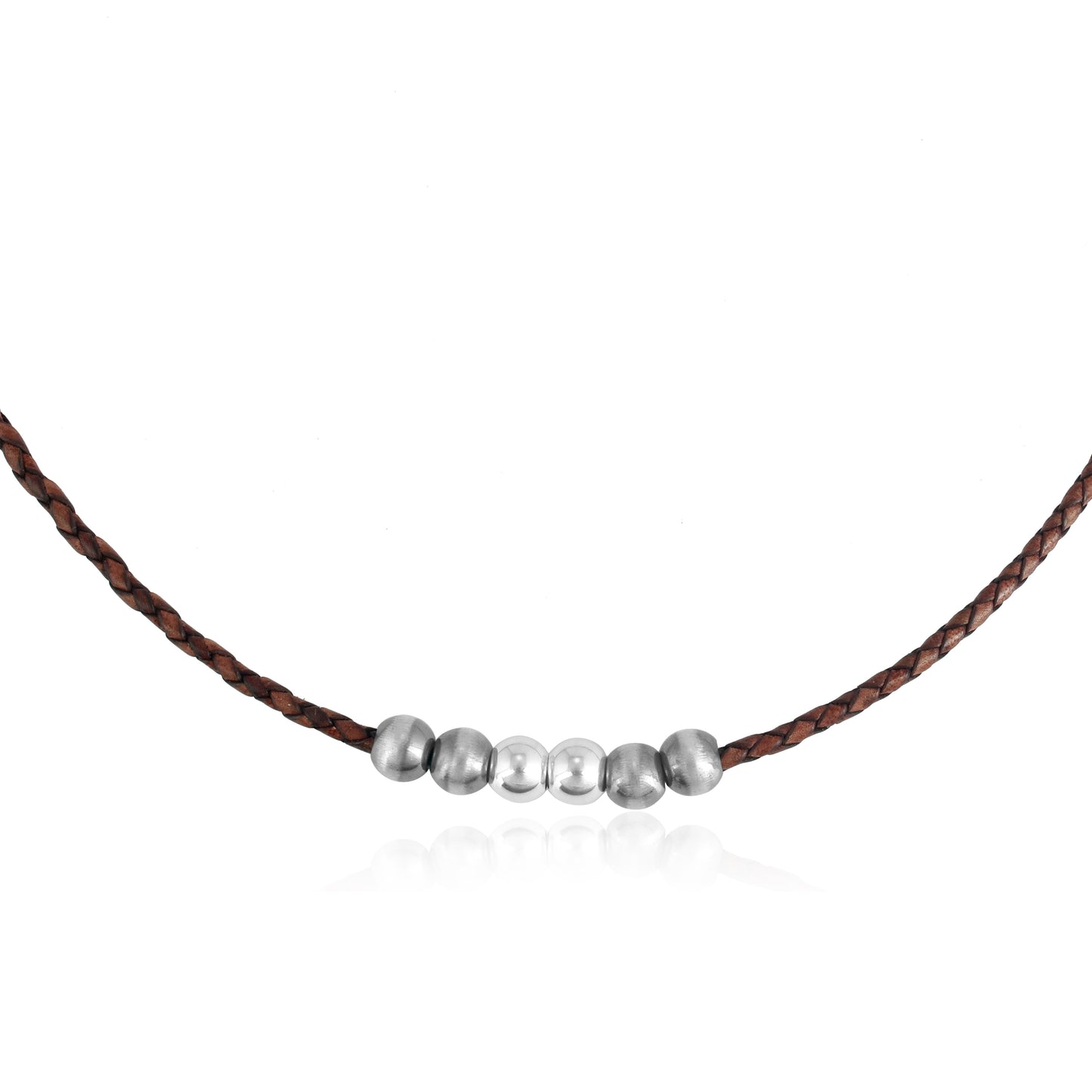 Sterling Silver Braided Brown Genuine Leather Beaded Necklace 17 or 20 Inches