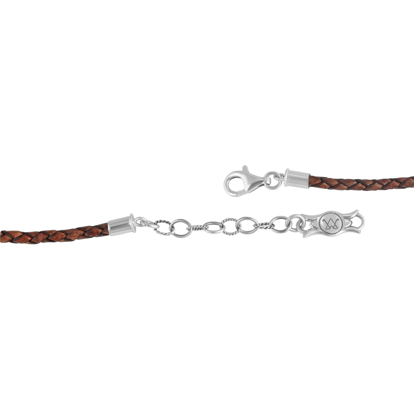 Sterling Silver Braided Brown Genuine Leather Beaded Necklace 17 or 20 Inches