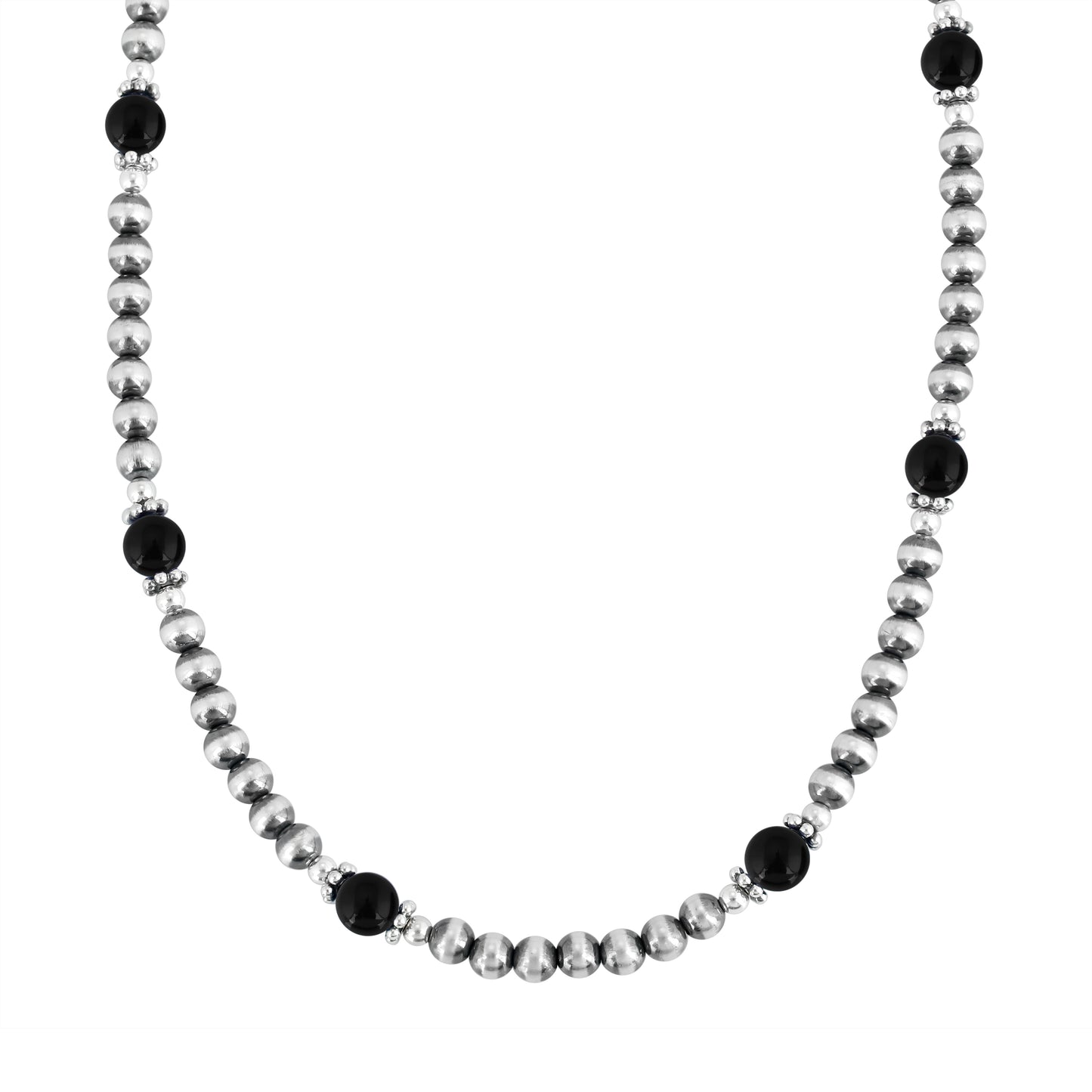 Sterling Silver and Black Onyx Bead Necklace, 17 to 20 Inches