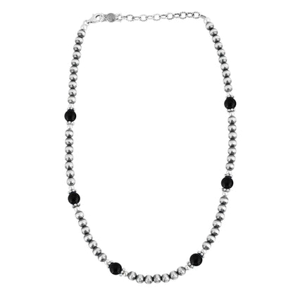 Sterling Silver and Black Onyx Bead Necklace, 17 to 20 Inches