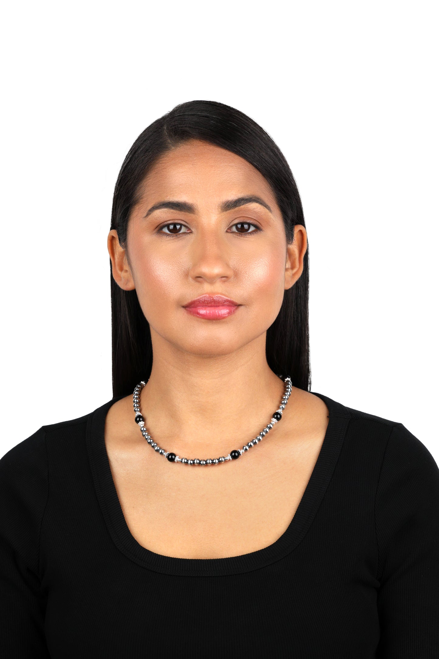 Sterling Silver and Black Onyx Bead Necklace, 17 to 20 Inches