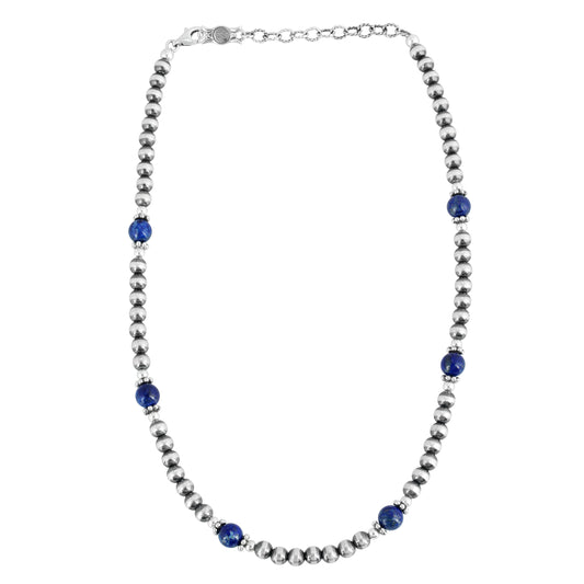 Sterling Silver and Lapis Bead Necklace, 17 to 20 Inches