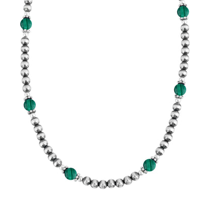 Sterling Silver and Malachite Bead Necklace, 17 to 20 Inches