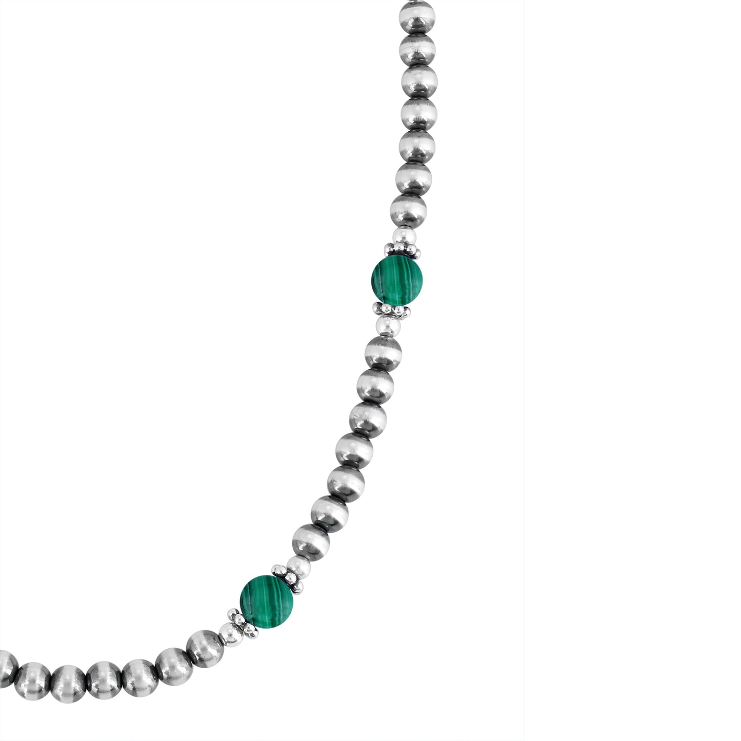 Sterling Silver and Malachite Bead Necklace, 17 to 20 Inches