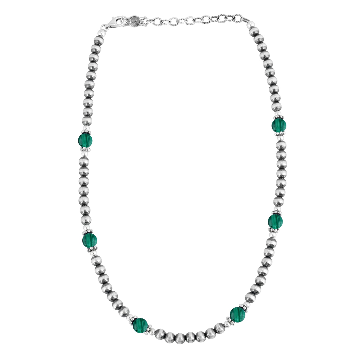 Sterling Silver and Malachite Bead Necklace, 17 to 20 Inches