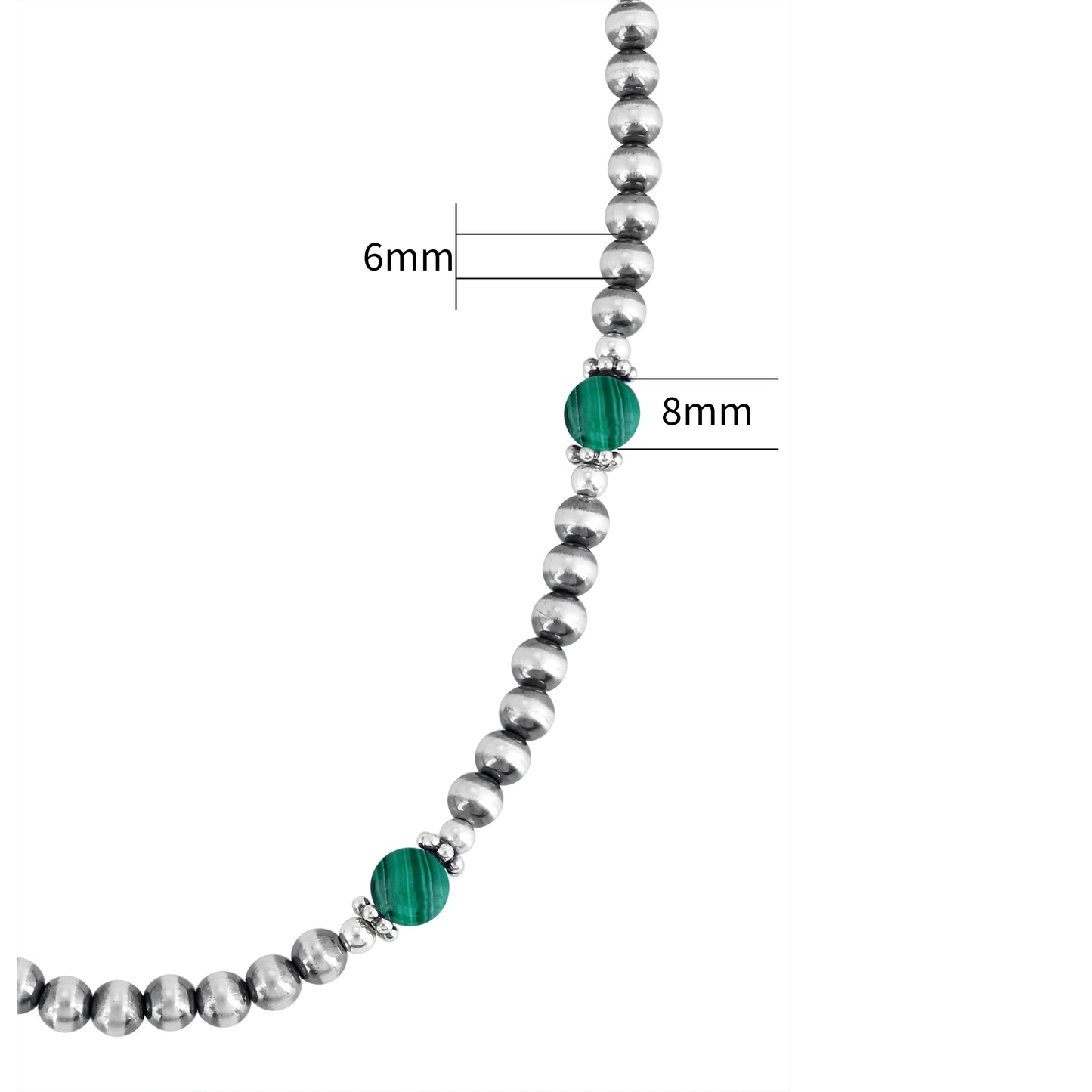 Sterling Silver and Malachite Bead Necklace, 17 to 20 Inches