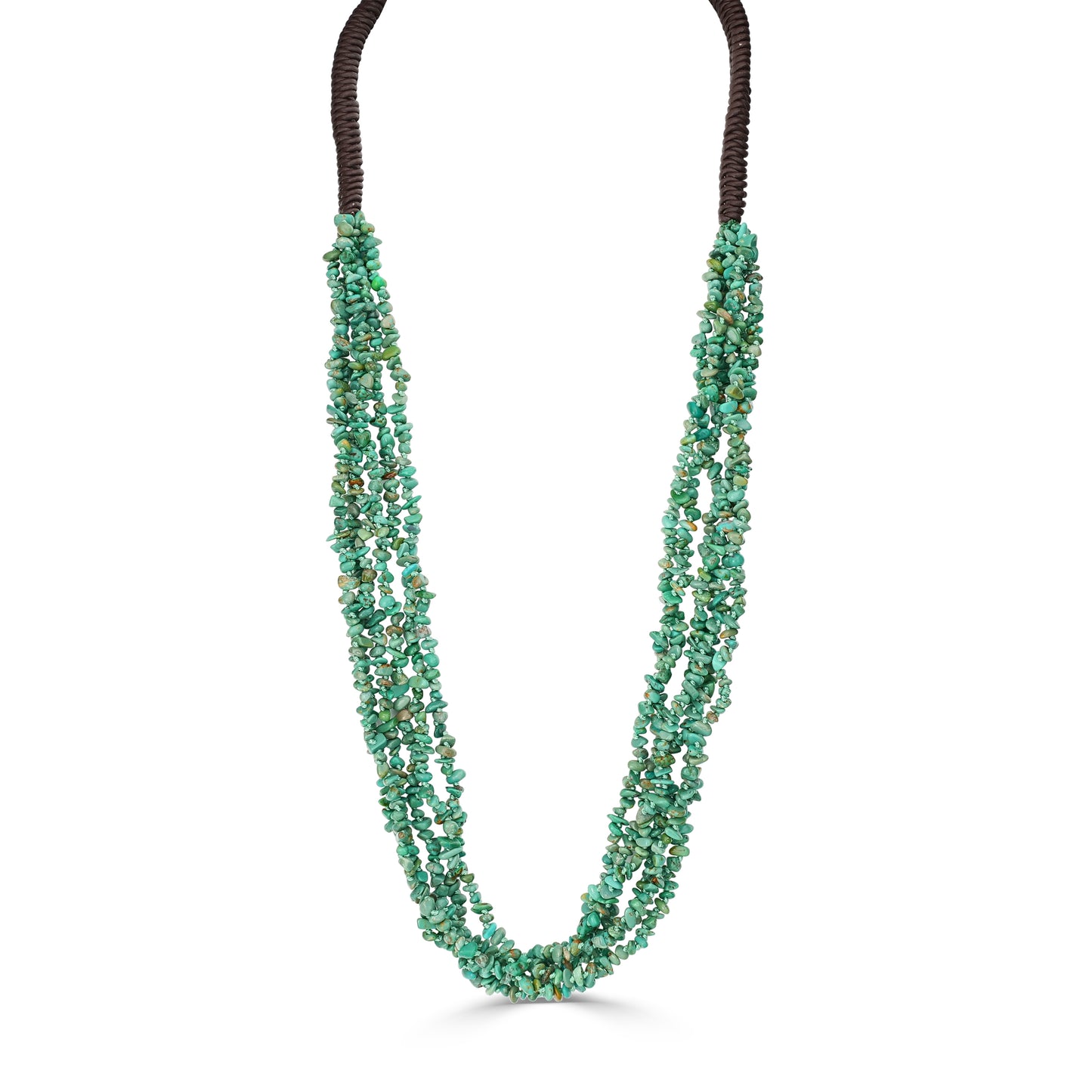 Brown Leather Green Turquoise Beaded Necklace, 32 Inches 