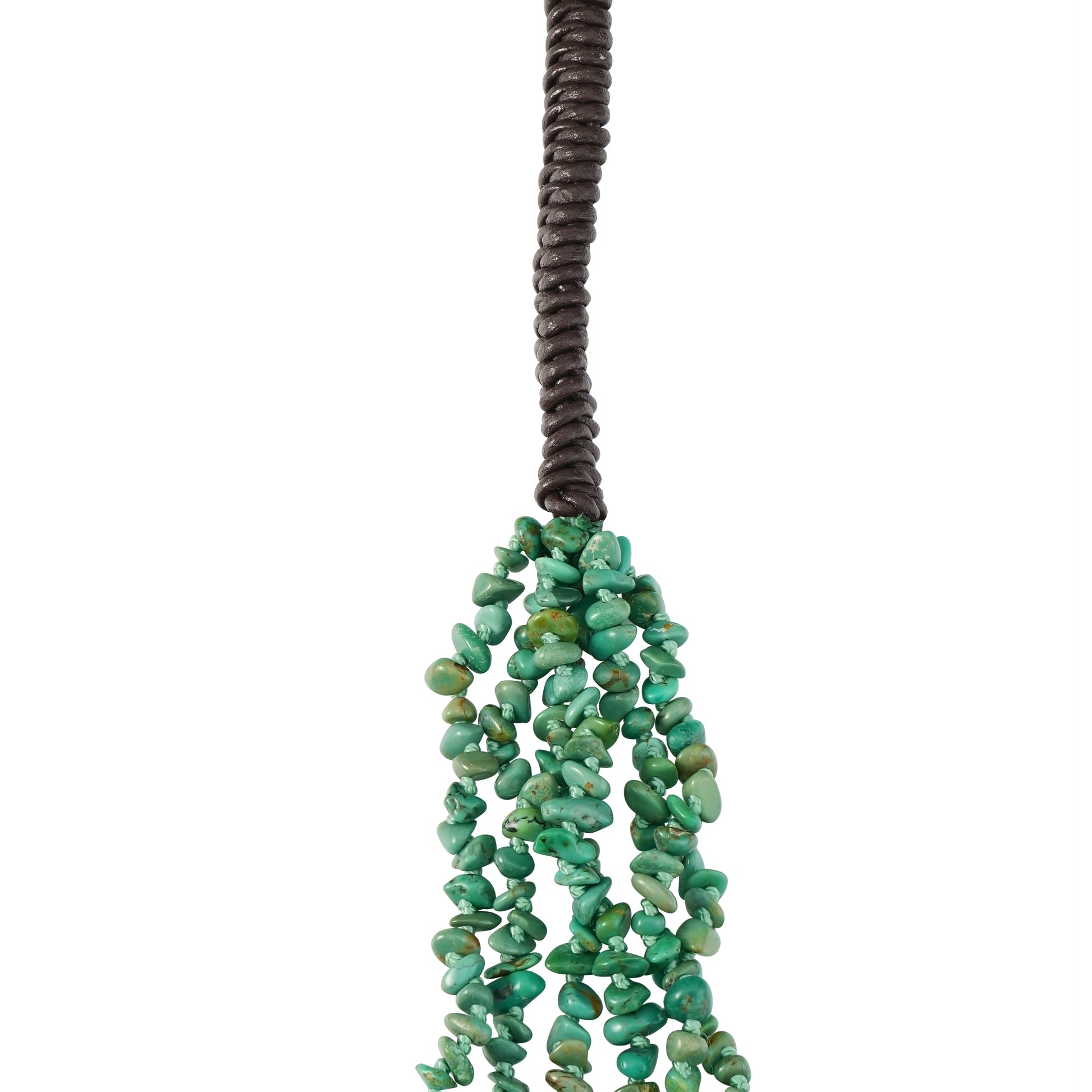 Brown Leather Green Turquoise Beaded Necklace, 32 Inches 