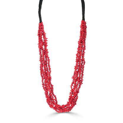 Black Leather Red Coral Beaded Necklace, 32 Inches 