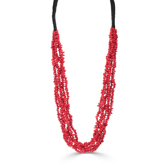 Black Leather Red Coral Beaded Necklace, 32 Inches 