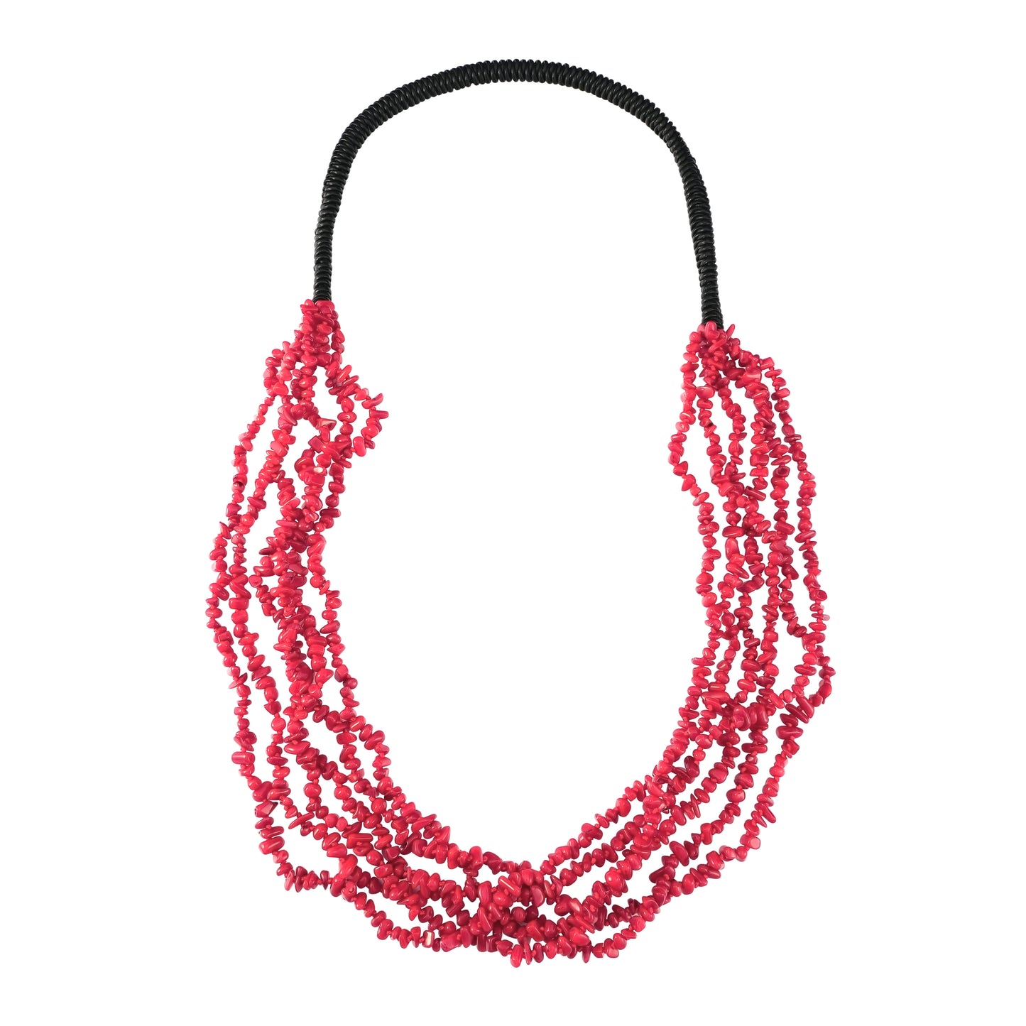 Black Leather Red Coral Beaded Necklace, 32 Inches 