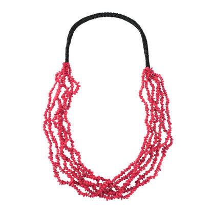 Black Leather Red Coral Beaded Necklace, 32 Inches 