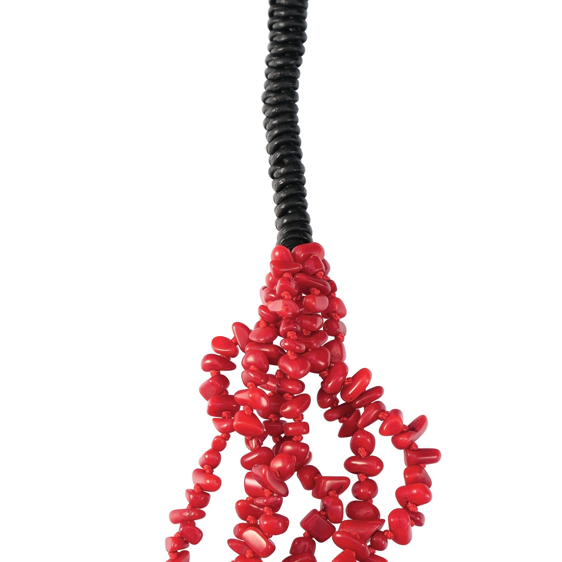 Black Leather Red Coral Beaded Necklace, 32 Inches 