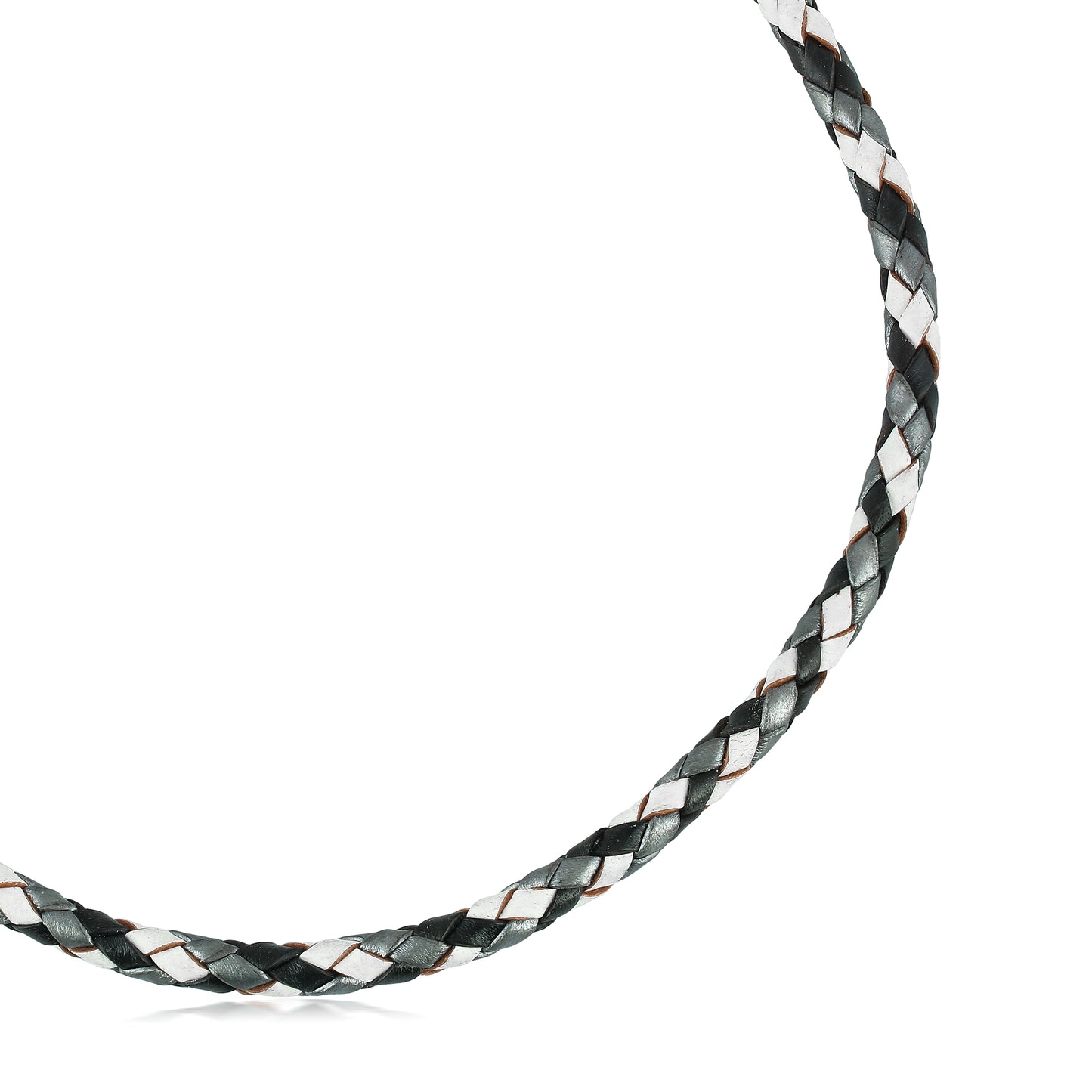 Sterling Silver Multi-Color Braided Black, White and Gray Leather Necklace, 17 and 20 Inches