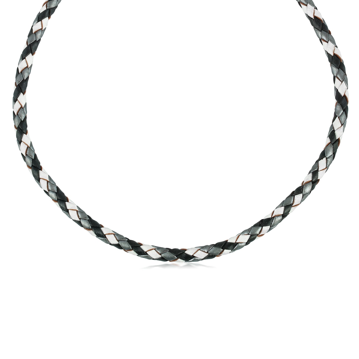 Sterling Silver Multi-Color Braided Black, White and Gray Leather Necklace, 17 and 20 Inches